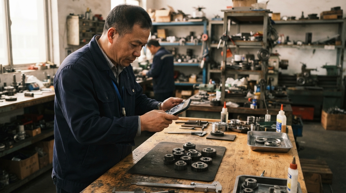 制造工厂员工在工作台查看产品记录
