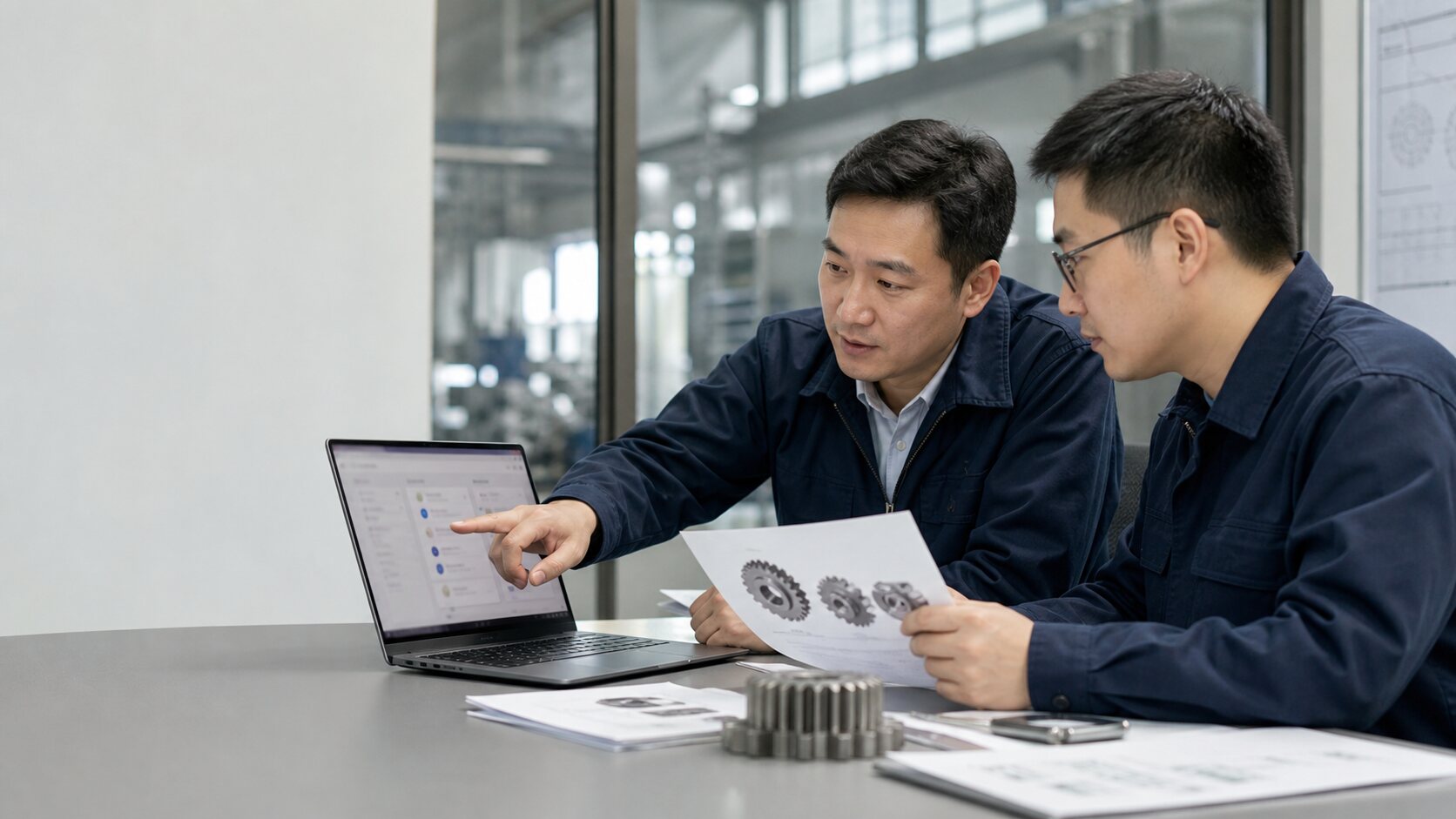 制造企业团队拿着齿轮产品资料核对企业研究结果