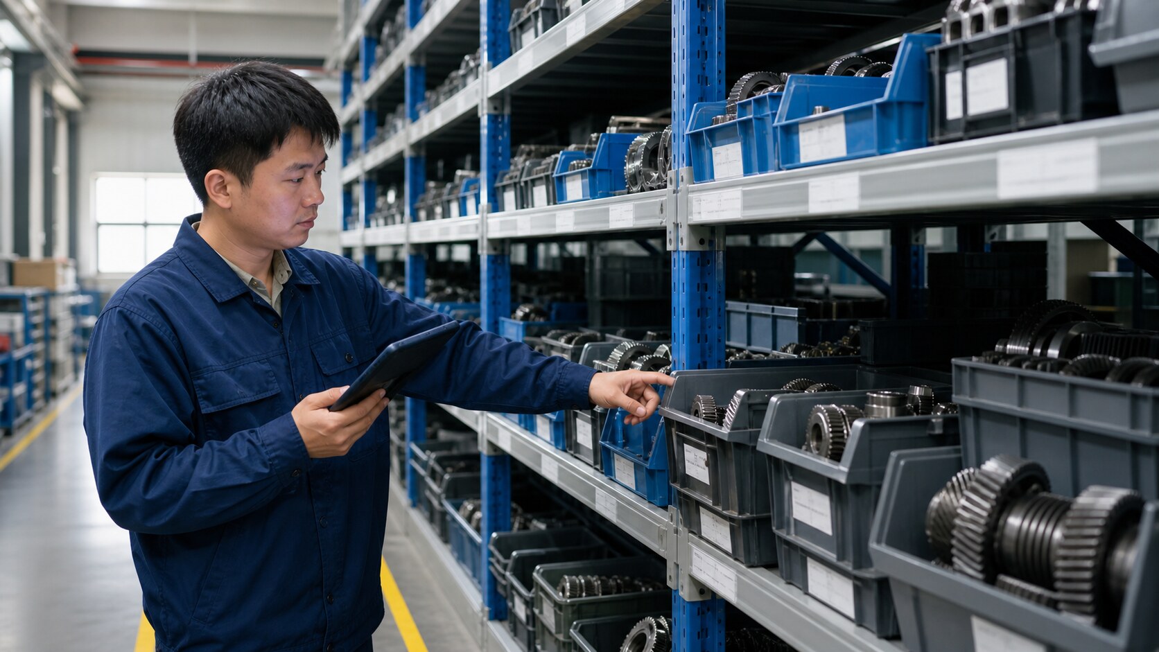 仓管员在货架通道按产品编号查找库位